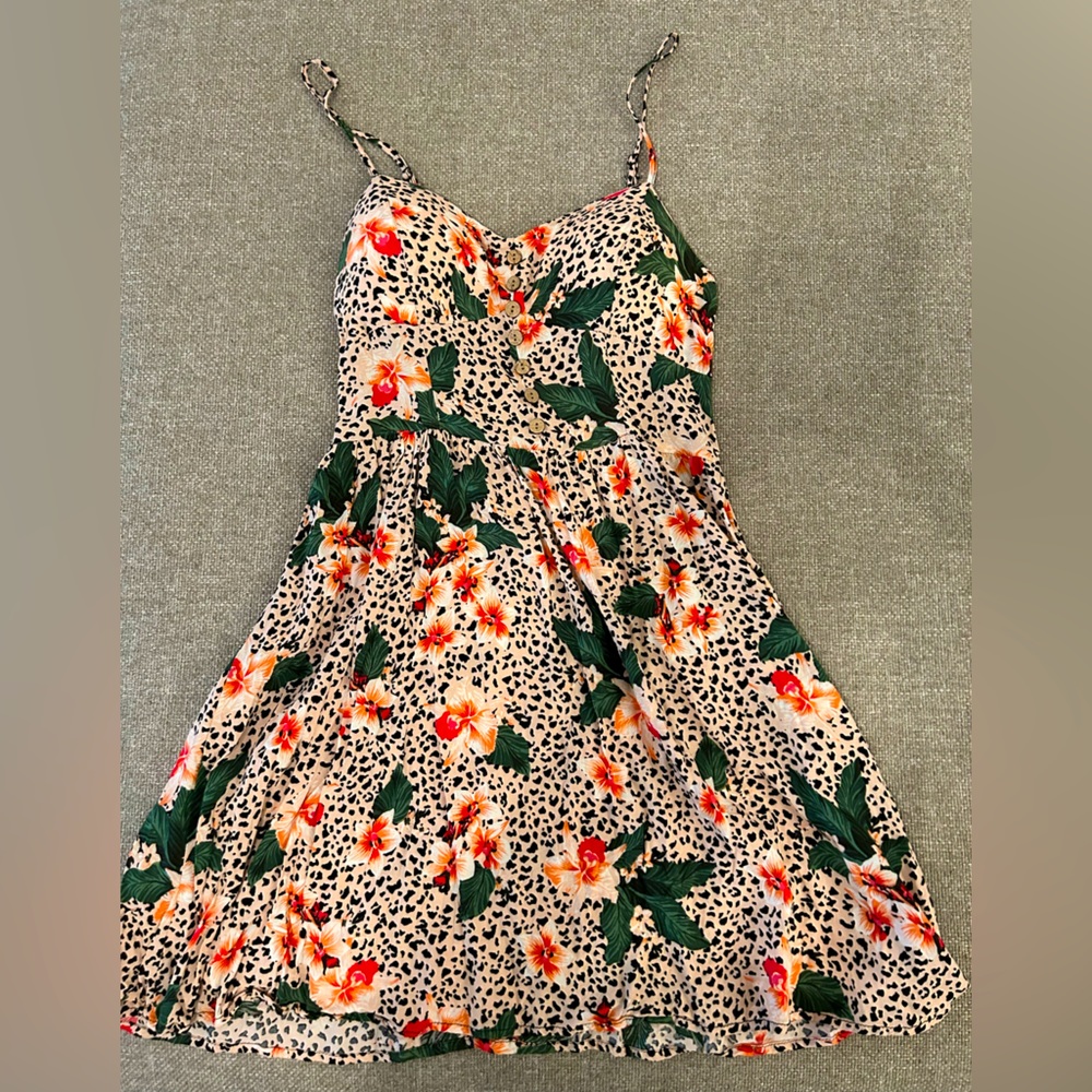 Hawaiian/leopard-print Spaghetti-strap Midi Dress